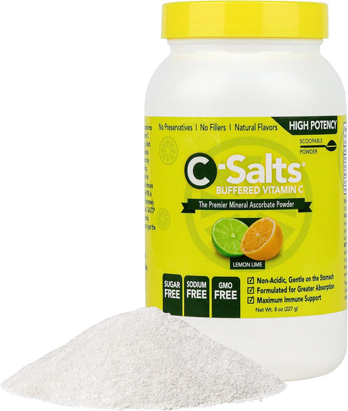 Buffered Vitamin C Powder - Non-Acidic Immune Support Drink, Organic Sugar-Free Formula, Vegan, Lemon Lime 8oz