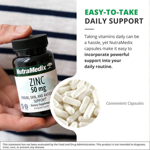 NutraMedix Zinc 50mg - Zinc Supplements for Immune Defense, Skin Health & Antioxidant Support (60 Capsules)