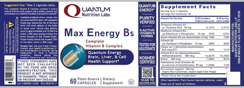 QNL Max Energy Bs - B Complex Vitamins for Women & Men, Natural Energy Supplement with Liver Support - 60 Plant-Source