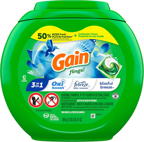 Gain flings Laundry Detergent Soap Pacs, HE Compatible, 42 Count, Long Lasting Scent, Blissful Breeze Scent