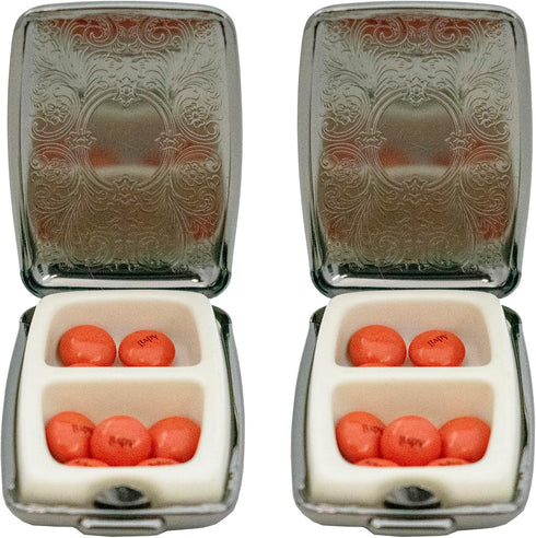 Set 2 of Etched Rectangular Pocket Purse Pill Box & Organizer with Dual Compartments (Victorian - Pewter)