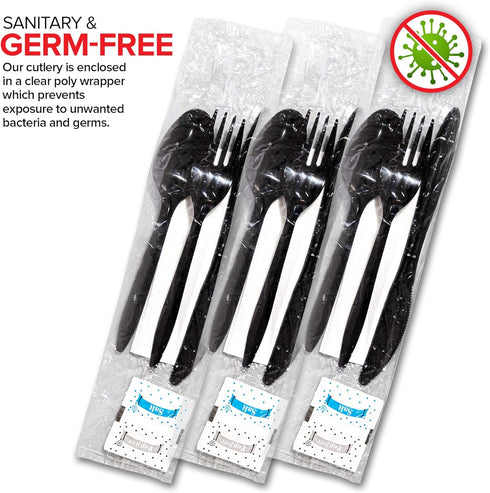Individually Wrapped Plastic Cutlery Set with Napkin + Salt & Pepper Packets, 50 Count Prewrapped Disposable Silverware