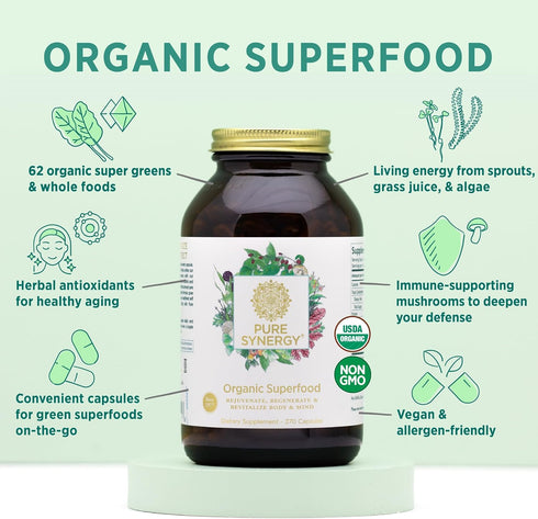PURE SYNERGY Superfood Capsules - Organic Superfood & Greens Supplement with Spirulina & Mushrooms for Energy and