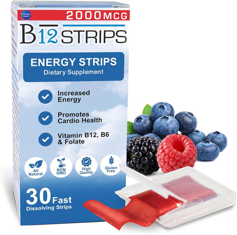 2,000 mcg Methylcobalamin Vitamin B12 Sublingual Energy Strips, 30 Strips