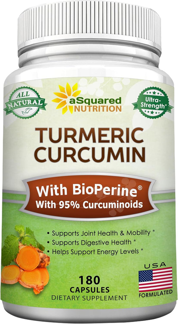 aSquared Nutrition Turmeric Curcumin - 1600mg with BioPerine, 180 Capsules for Joint Stiffness Relief
