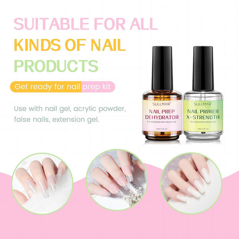 Nail Prep Dehydrator & Primer X-Strength Set, 15ml Nail Care Kit with Nail Cuticle Oil and Strengthener for Acrylic