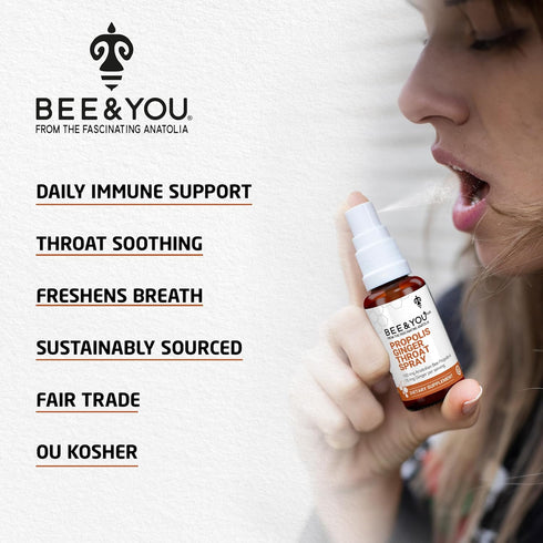 Bee and You Propolis Ginger Raw Honey Soothing Throat Spray, 1 Fl Oz, Ultra Pure Immune Support Supplement