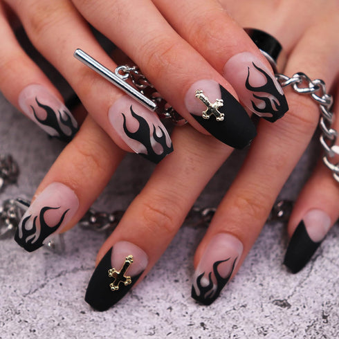 MISUD Medium Coffin Press on Nails, Goth Black Flame Fake Nails, Matte Glue on French Tip Acrylic Nails, 24 pcs