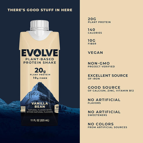 Evolve Plant Based Protein Shake - Vanilla Bean, 20g Vegan Protein, Dairy Free, 10g Fiber, 11 Fl Oz (Pack of 12)