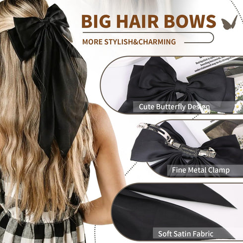 2 Pcs Silky Satin Big Hair Bows, Ribbon Hair Barrettes Clip, Oversized Long Tail Hair Accessories (Black and White)