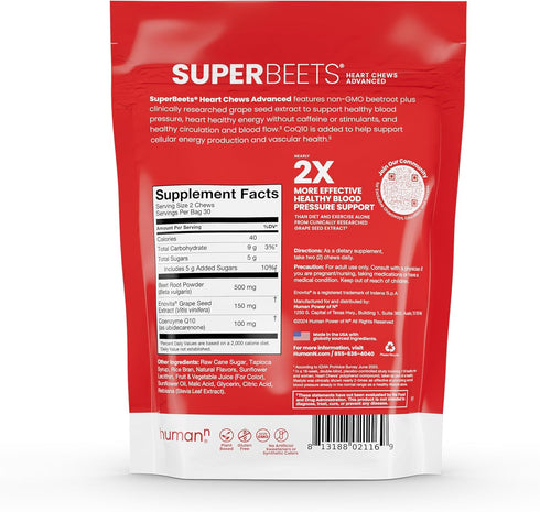 humanN SuperBeets Heart Chews - 100mg CoQ10 with Beetroot & Grape Seed Extract, 60 Count