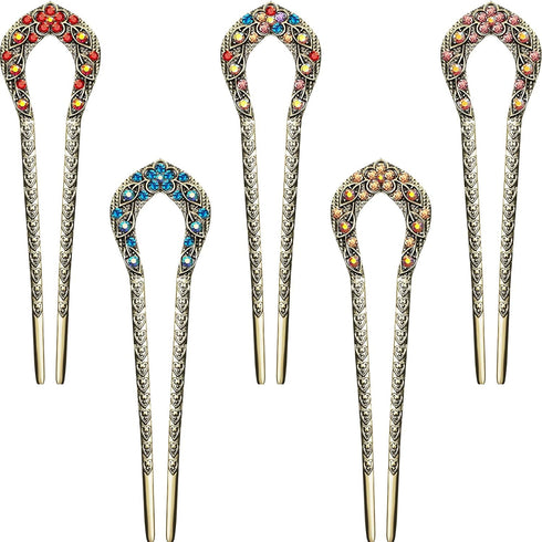 Waydress 5 Pcs Vintage Hair Fork, French Hair Pin for Buns, Metal Chignon Pin with Crystal Rhinestone Double Prong