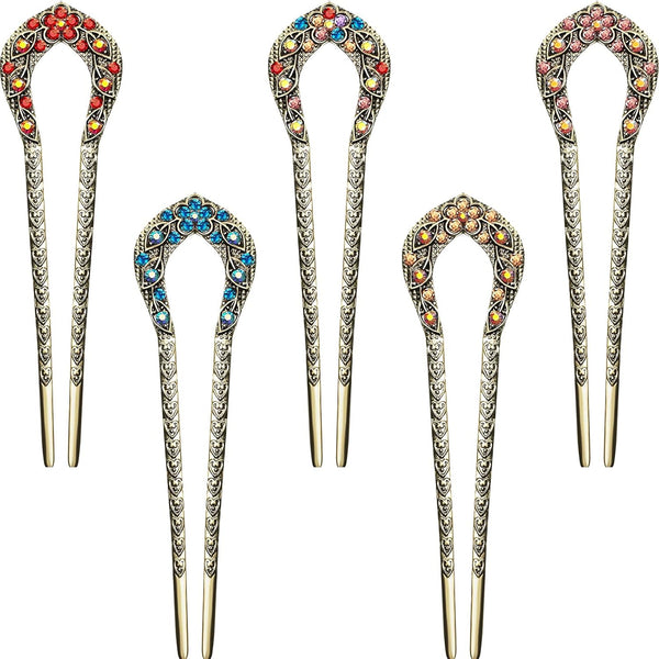 Waydress 5 Pcs Vintage Hair Fork, French Hair Pin for Buns, Metal Chignon Pin with Crystal Rhinestone Double Prong