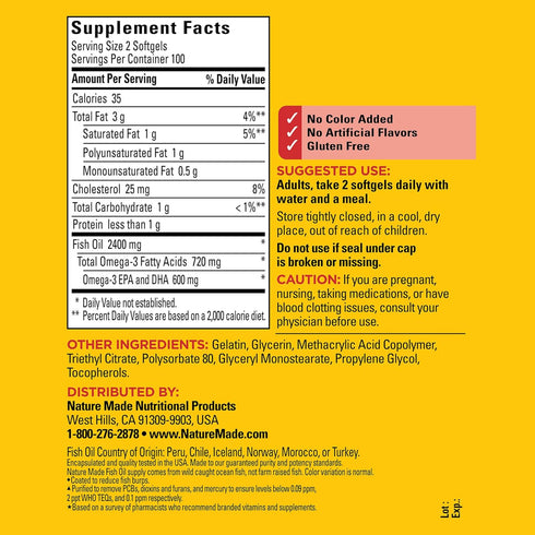 Nature Made Burp Less Fish Oil 1200 mg, Omega 3 Fish Oil for Healthy Heart Support, 200 Softgels