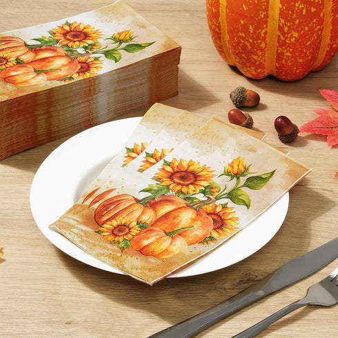 Homlouue 100 PCS Thanksgiving 3-Ply Disposable Paper Napkins for Fall Party, Pumpkin & Sunflower Design