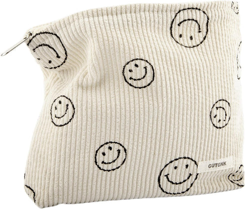 Makeup Bag for Women - Corduroy Aesthetic Design Cosmetic Tote Bag, Cute Smiley Face Pencil Case with Zipper (Beige)
