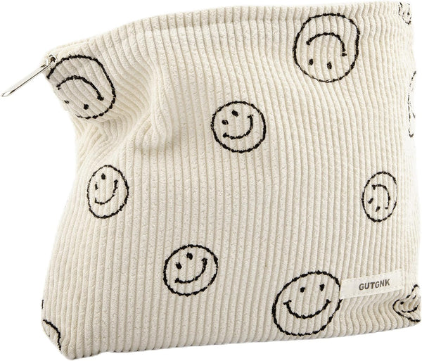Makeup Bag for Women - Corduroy Aesthetic Design Cosmetic Tote Bag, Cute Smiley Face Pencil Case with Zipper (Beige)