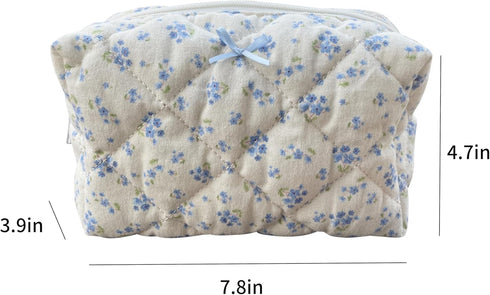 Cotton Quilted Makeup Bag Coquette Accessories - Cute Floral Cosmetic Pouch Travel Makeup Bag for Women (Blue floral)