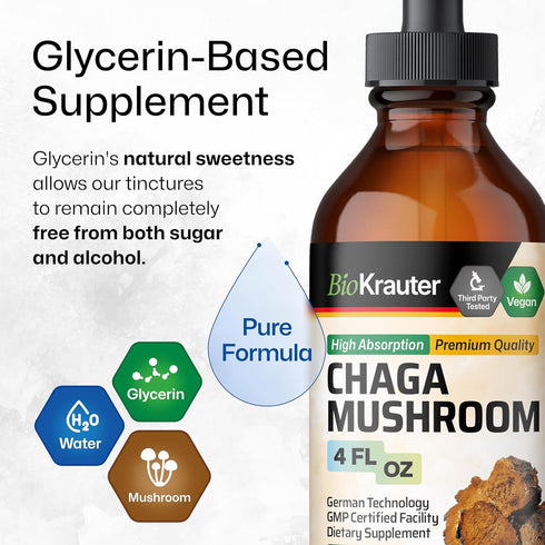 BIO KRAUTER Chaga Mushroom Extract, Tincture for Immune Support - Vegan, Alcohol & Sugar Free Drops 4 Fl.Oz.