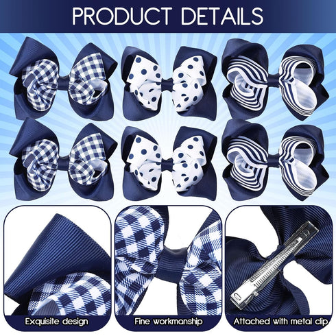 Whaline 6Pcs Back to School Uniform Hair Bow Clips, Navy Blue Plaid Stripe Dot Barrettes for School Hair Accessories