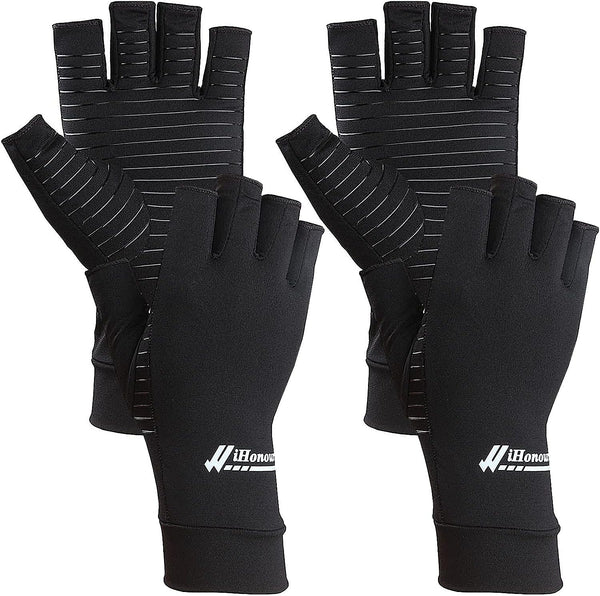 2 Pairs Copper Arthritis Gloves - Fingerless Compression Gloves for Arthritis Pain Relief, Daily Work (Large, Black)