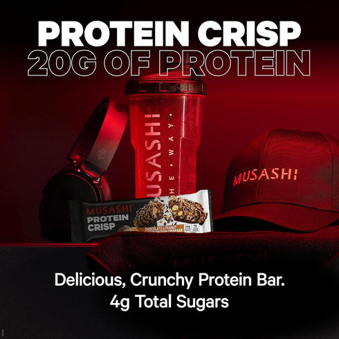 MUSASHI Protein Crisp Bar, 20g Protein, Chocolate Brownie, Post Workout Snack, 12 Pack of 2.1oz Bars