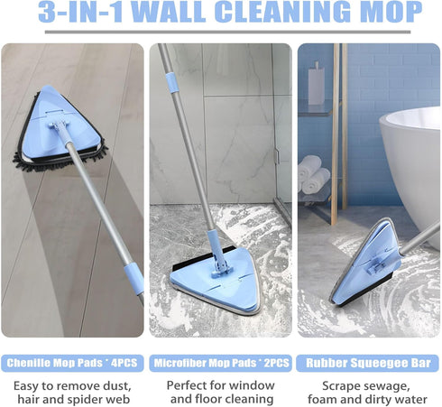 Wall Mop Cleaner with 80 Inches Long Handle - 180° Folding Ceiling Cleaning Tool with Squeegee and Microfiber Pads