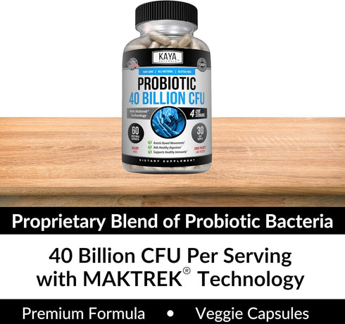 Kaya Naturals Probiotic 40 Billion CFU, 60 Vegetable Capsules, Natural Supplement for Gut Health & Immune Support