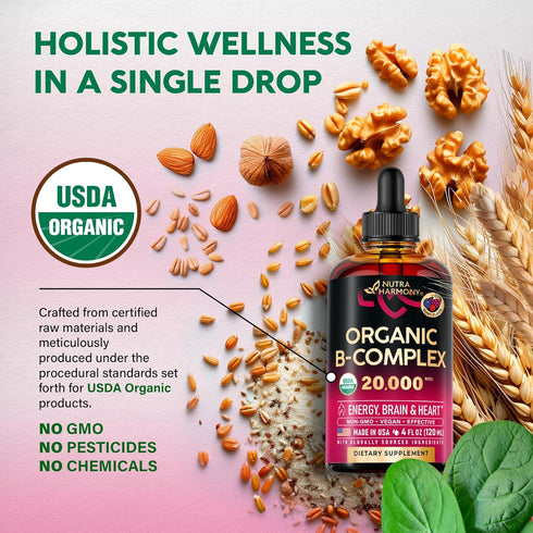 USDA Organic Vitamin B-Complex - B5 Pantothenic Acid, B12 Methylcobalamin, B1 Thiamine, B6 Pyridoxine, B7 Biotin, B9