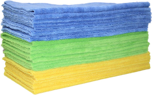 POLYTE Microfiber Cleaning Towel Ultrasonic Cut Edgeless (16x16, 24 Pack, Premium, Blue, Green, Yellow)
