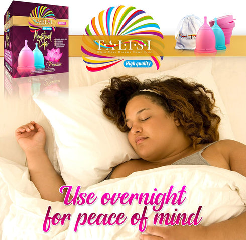 Talisi Menstrual Cups, Set of 2 with Collapsible Silicone Sterilizing Cup for Regular Heavy Flow