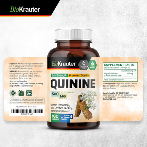 BIO KRAUTER Quinine for Leg Cramps Capsules, 500 mg - 100 Count - Vegan, No Fillers