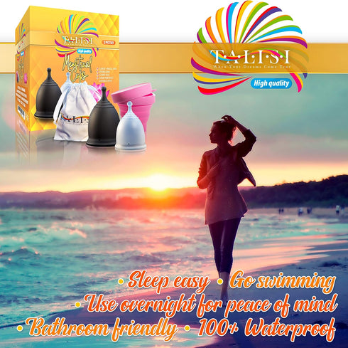 Talisi Menstrual Cups with Foldable Silicone Sterilizer, Reusable Period Starter Kit for Light & Heavy Flow (Small &