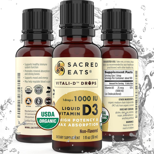 Sacred Eats Organic Liquid Vitamin D Drops for Kids & Adults, Sugar Free. Easy