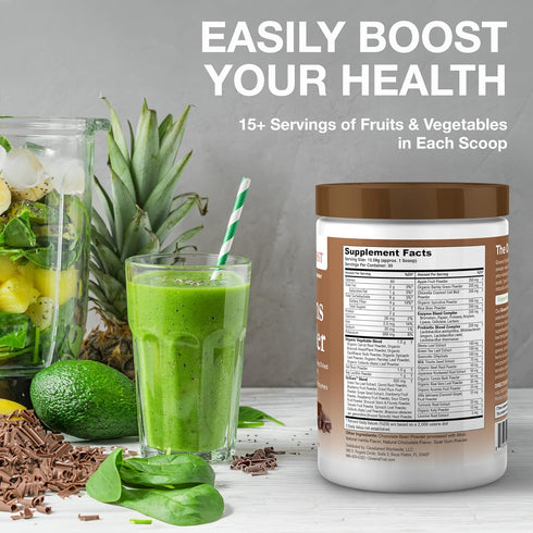 Greens First - Chocolate - 30 Servings Superfood Powder with 49 Superfoods, Antioxidant Smoothie Mix, Vegan