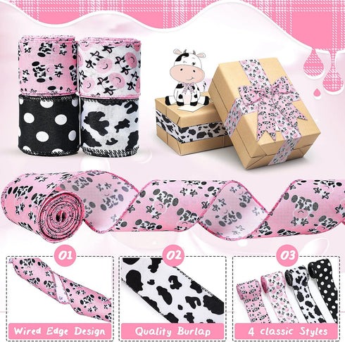 4 Rolls Cow Print Wired Ribbon, 24 Yard, 2.5 Inch, Pink Black and White Striped for DIY Crafts