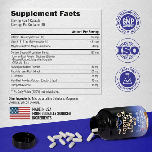 Cortisol Supplement - 11-in-1 Hormone Balance for Women 600 mg - Made in USA Supplement - Mood, Focus, Sleep Support - Vegan, Non-GMO, Natural Pills - 60 Capsules, 2 Month Supply