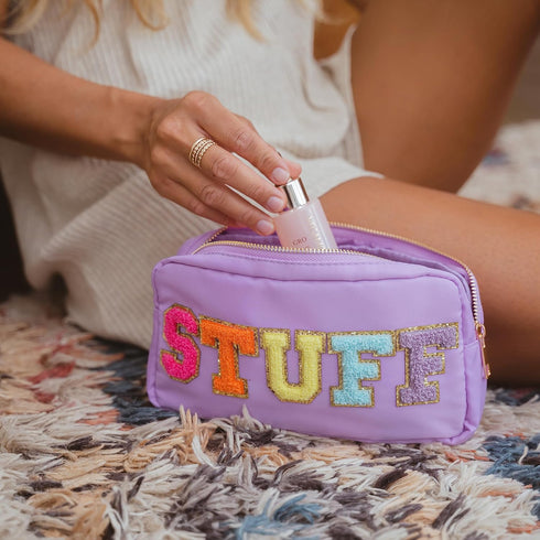 Fablinks Pink Nylon Cosmetic Bag with Chenille Letter Patches