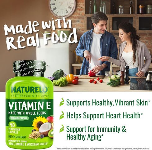 NATURELO Vitamin E - 180 mg (300 IU) Natural Mixed Tocopherols from Organic Whole Foods, 90 Vegan Capsules