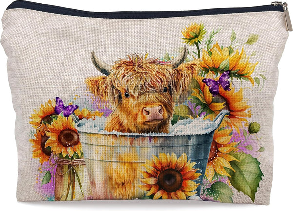 Highland Long Haired Cow Cosmetic Bag with Sunflower Decor, Cute Zipper Pouch for Women