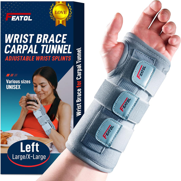 FEATOL Carpal Tunnel Wrist Brace Night Support for Pain Relief, Metal Splint Stabilizer with Hand Brace, Left (S/M)