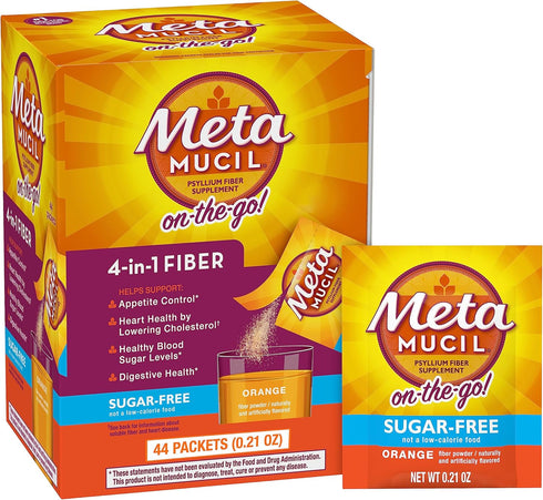 Metamucil On-the-Go Packets, Sugar-Free, 44 Packets, 4-in-1 Psyllium Husk Fiber Supplement, Orange