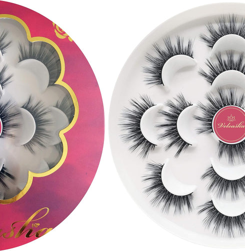 Veleasha Lashes 5D Faux Mink Lashes, Handmade Strip Lashes, 7 Pairs of Wispy Fluffy Fake Eyelashes Pack (5D14)