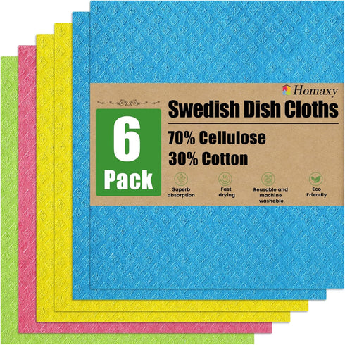 Homaxy Swedish Dishcloths - 6 Pack Reusable Washable Cellulose Sponge Cloths, Absorbent Kitchen Towels