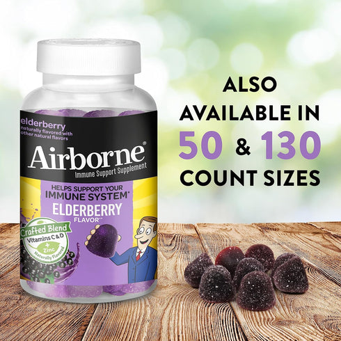 Airborne Elderberry Gummies for Adults, Vitamin C, Zinc, Immune Support, 130 Gummies, Elderberry Flavor