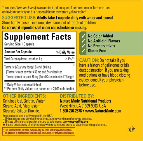 Nature Made Turmeric Curcumin 500 mg - 120 Capsules, Herbal Supplement for Antioxidant Support