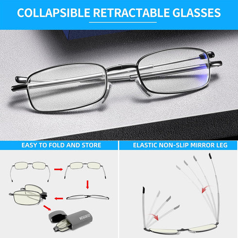 Reading Glasses Blue Light UV Blocking, Compact Foldable Spring Hinge Readers for Men Women, 2 Pack Black/Gunmetal +1.5