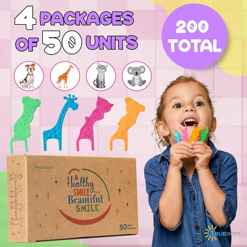 Biodegradable Kids Flossers - 200 Pack, Natural Fluoride Free Organic Animal Dental Floss Picks for Kids (Mild Orange)