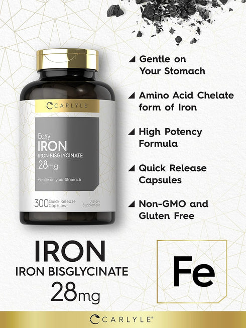 Carlyle Easy Iron 28 mg, 300 Capsules, Non-GMO, Gluten Free, Gentle on Stomach Formula