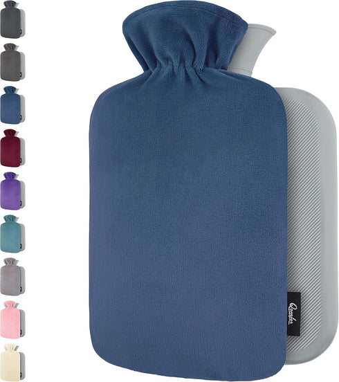 Qomfor Hot Water Bottle - with Soft Premium Fleece Cover - Dark Blue,